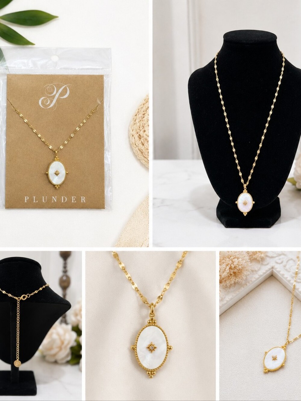 White Opalescent Oval Star Pendant With Gold Tone Chain